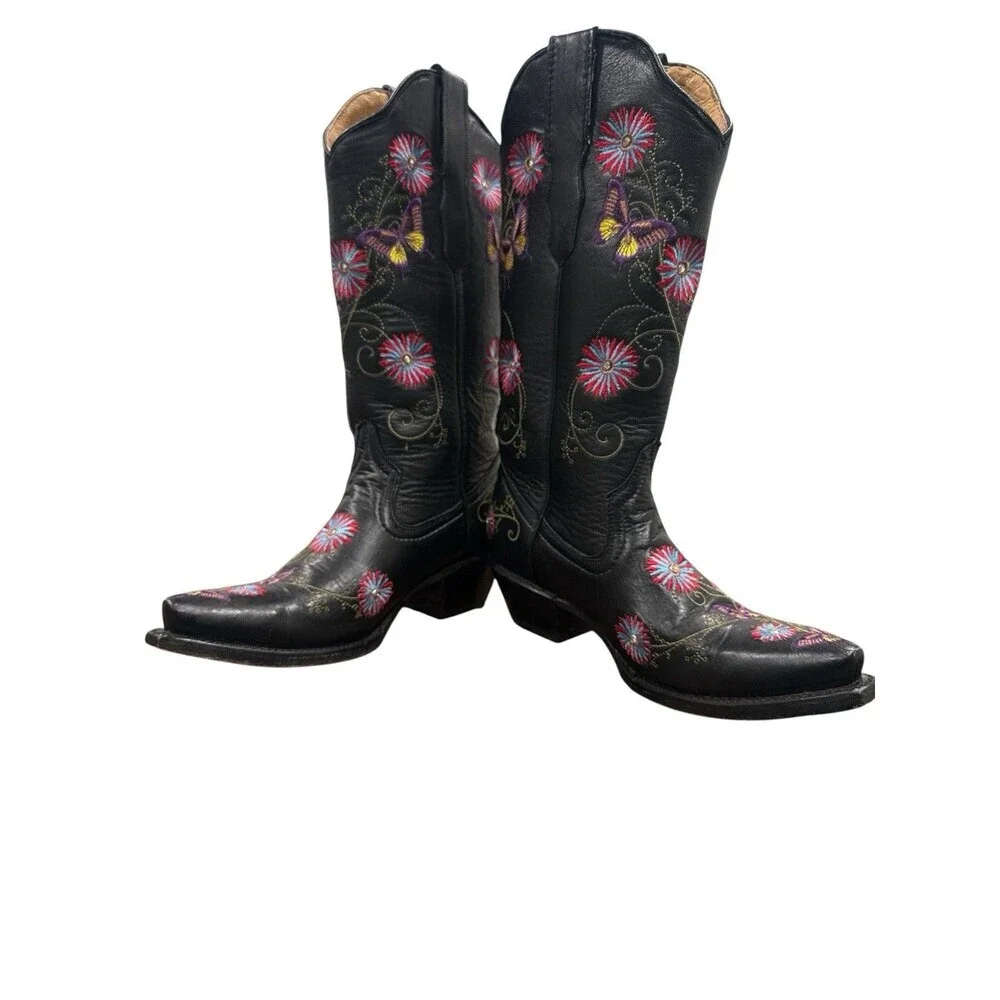 Cowboy Pro Black Leather Western Boots Floral Butterfly Embroidered Handmade 6.5